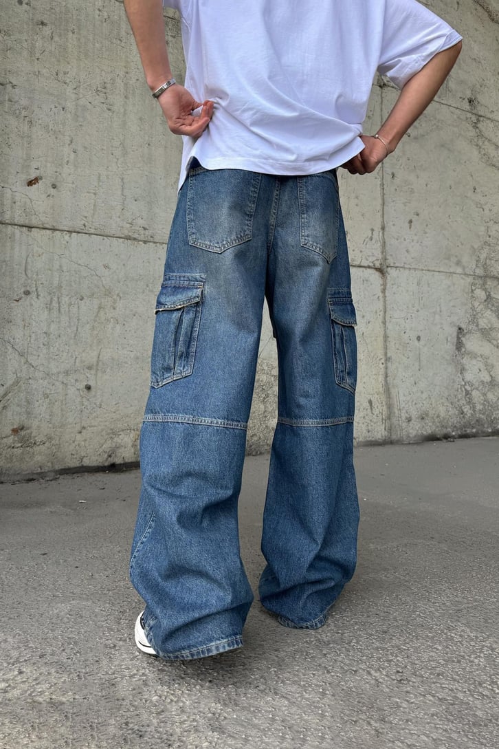 Kargo Cepli Yırtık Detay Baggy Jean