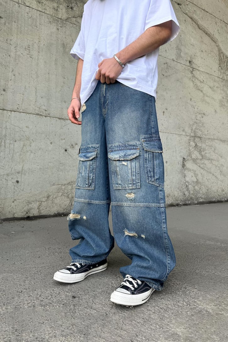 Kargo Cepli Yırtık Detay Baggy Jean