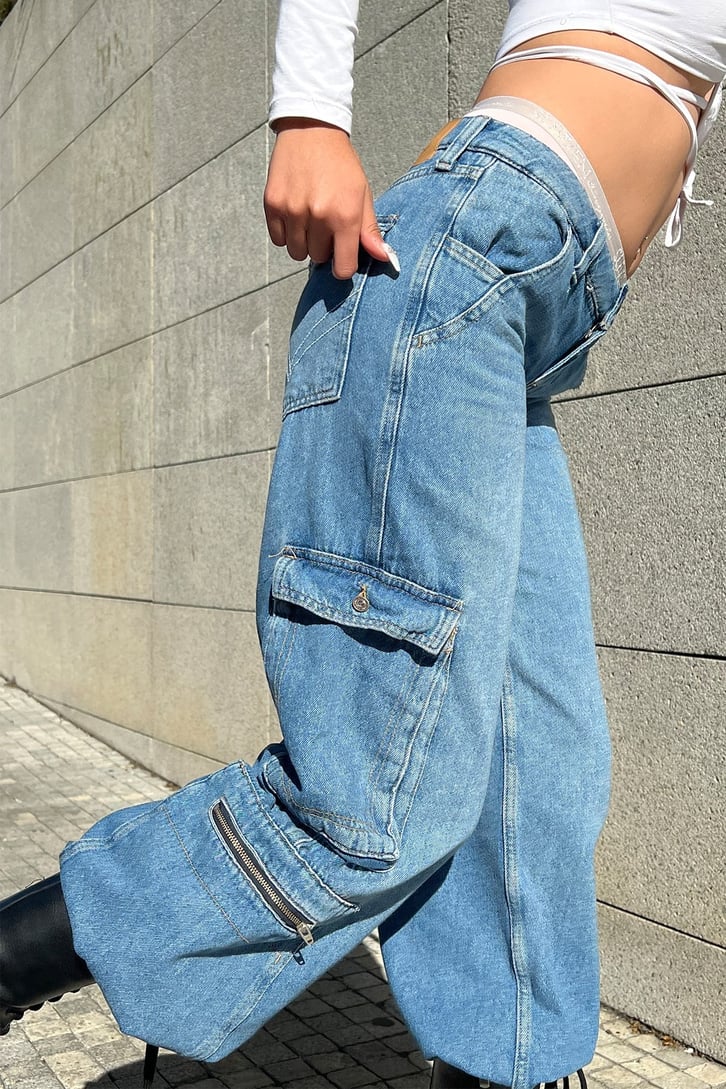 Kargo Cepli Zipper Mavi Baggy Jean