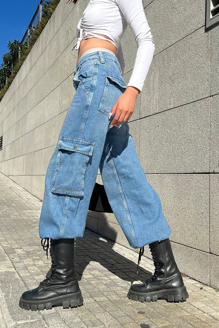 Kargo Cepli Zipper Mavi Baggy Jean
