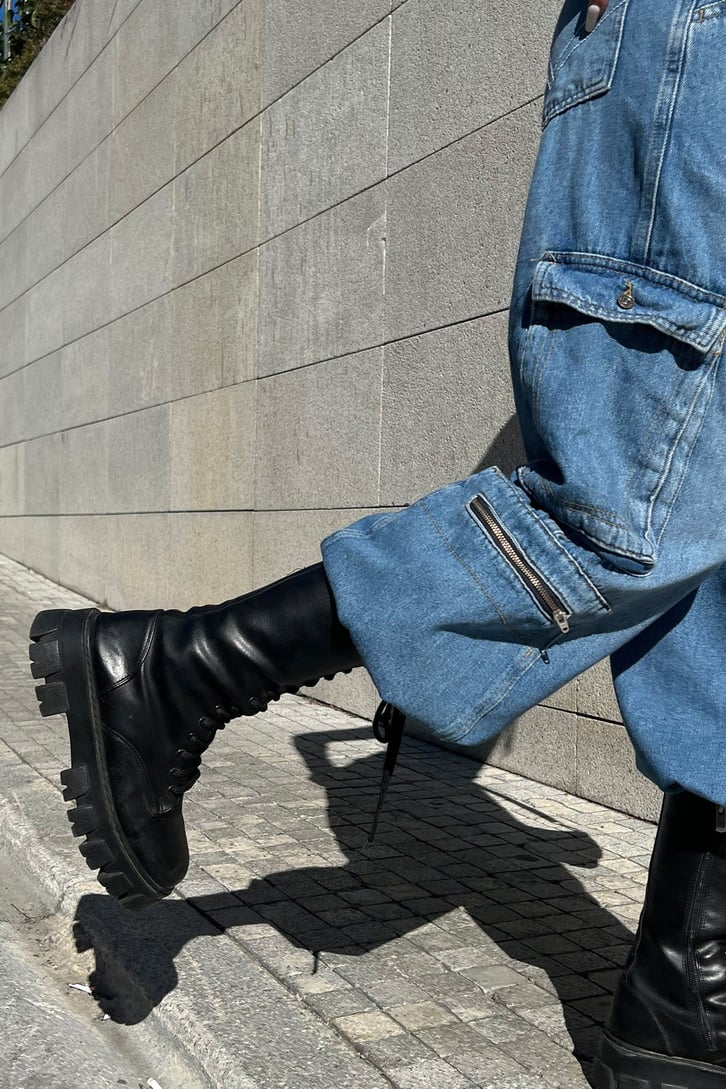 Kargo Cepli Zipper Mavi Baggy Jean