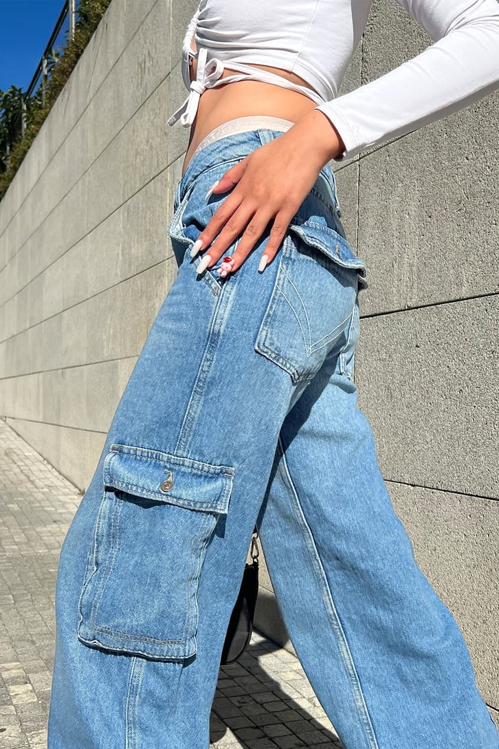 Kargo Cepli Zipper Mavi Baggy Jean