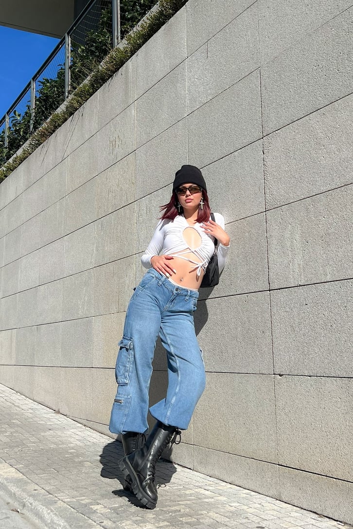 Kargo Cepli Zipper Mavi Baggy Jean