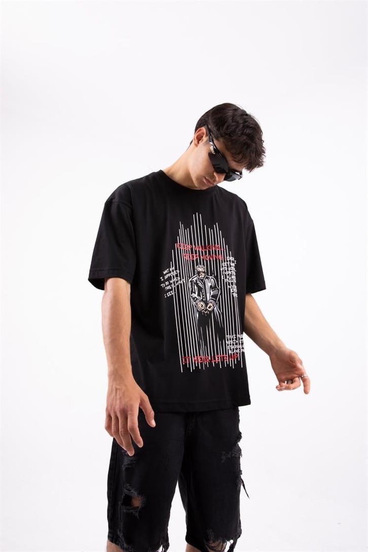 Keep Walking Baskılı Siyah Oversize Tshirt