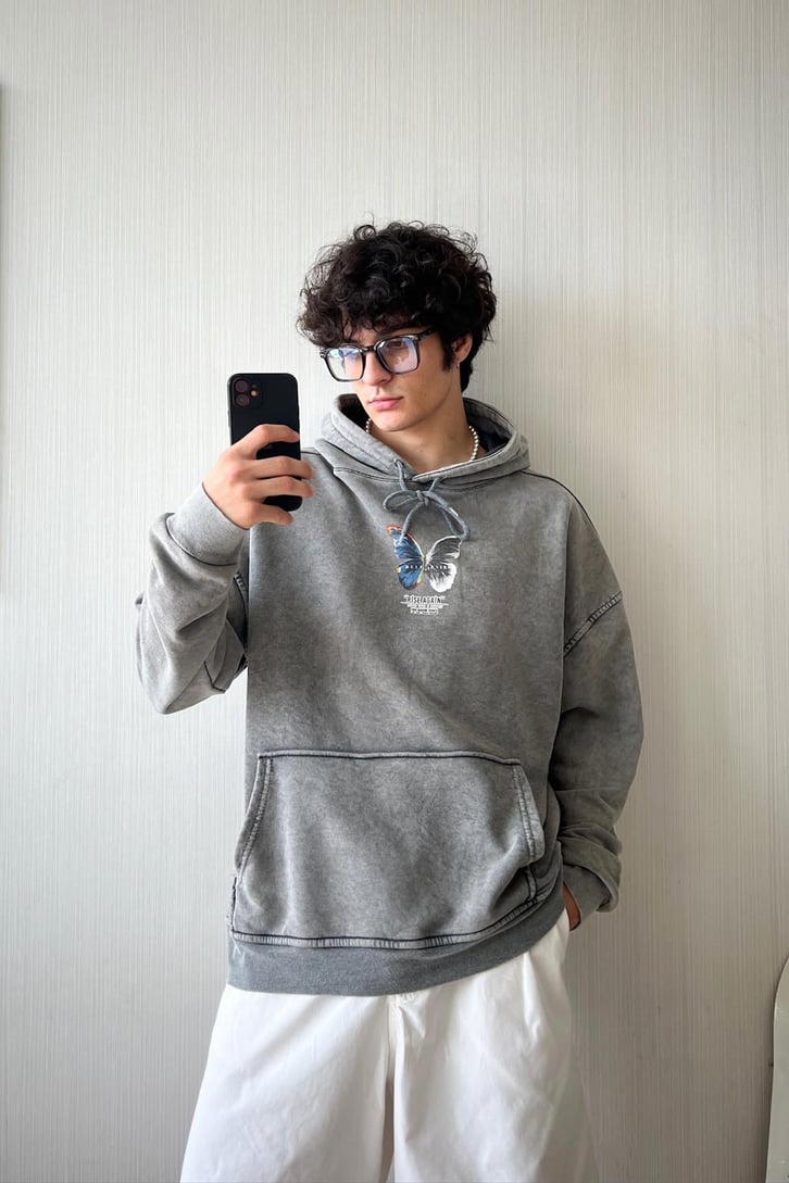 Kelebek Baskılı Oversize Hoodie