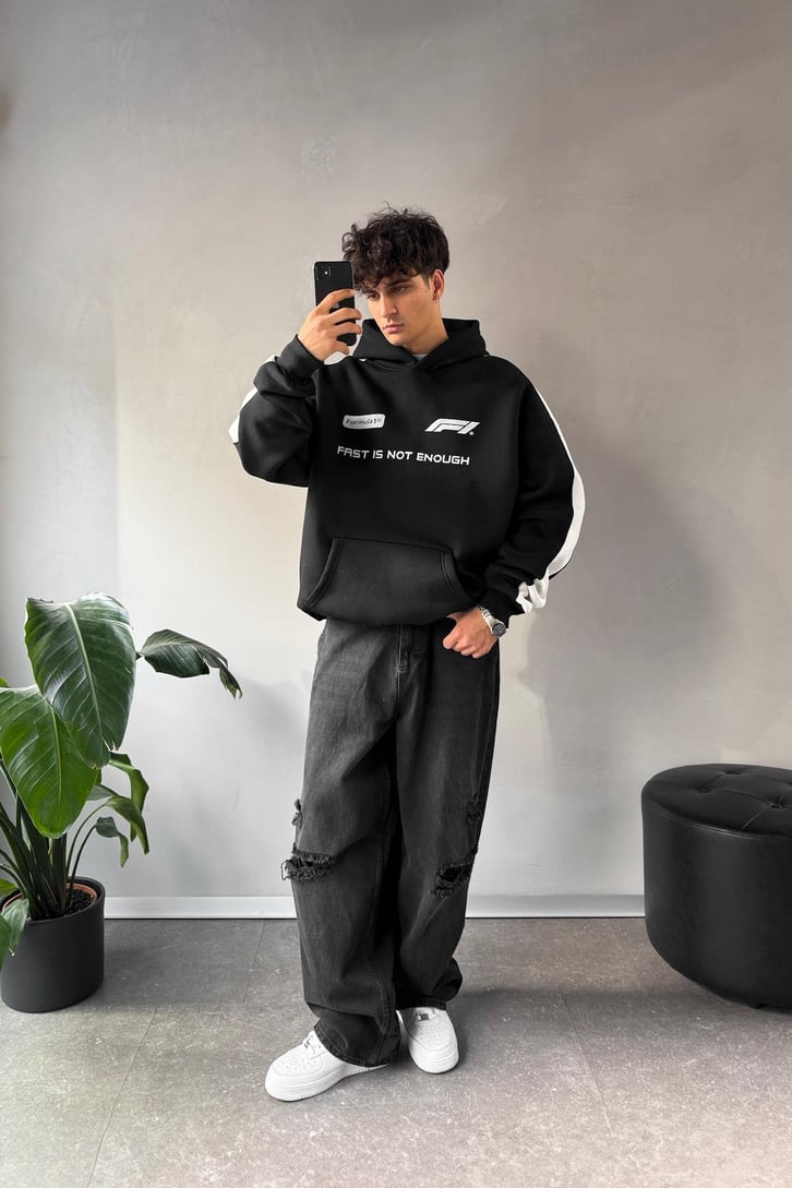 Kol Biye Geçişli Baskılı Oversize Hoodie