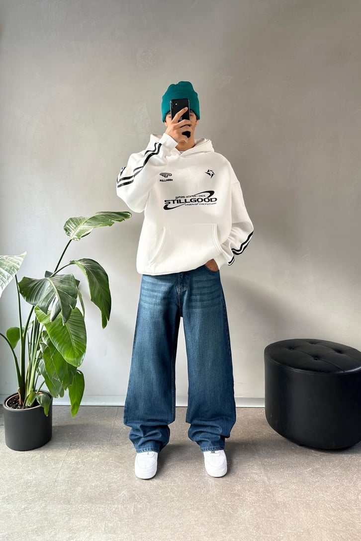 Kol Biye Geçişli Baskılı Oversize Hoodie
