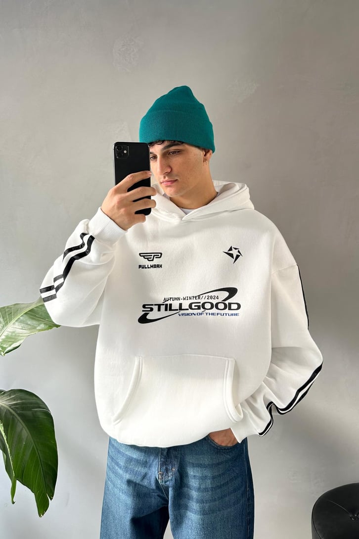 Kol Biye Geçişli Baskılı Oversize Hoodie