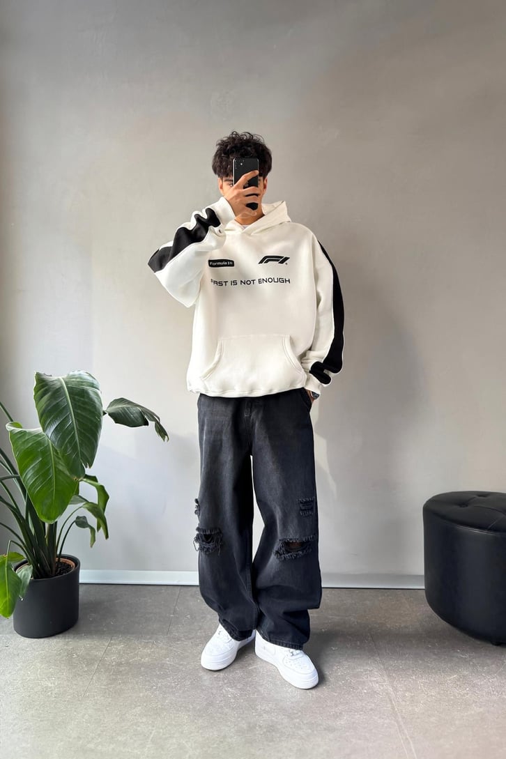 Kol Biye Geçişli Baskılı Oversize Hoodie