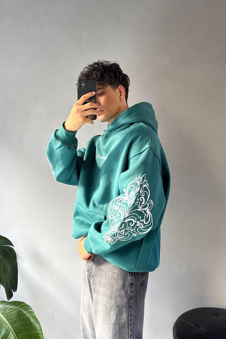 Kol Nakış Detaylı Oversize Hoodie