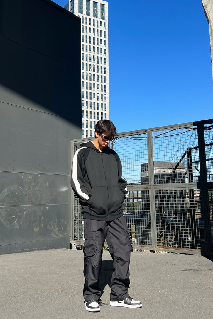 Kol Şeritli Zip Oversize Sweatshirt