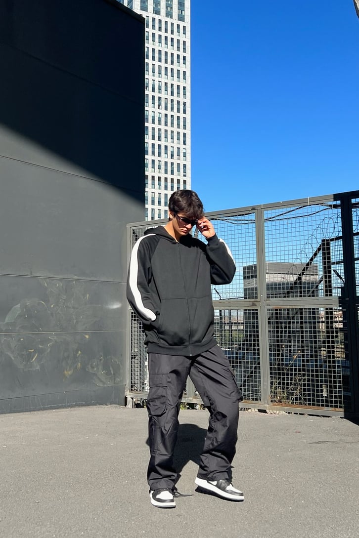 Kol Şeritli Zip Oversize Sweatshirt