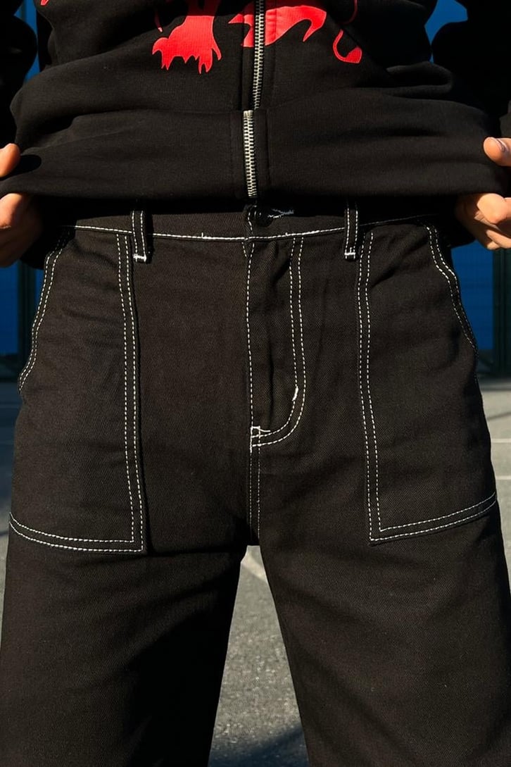 Kontrast Dikiş Cepli Siyah Baggy Jean