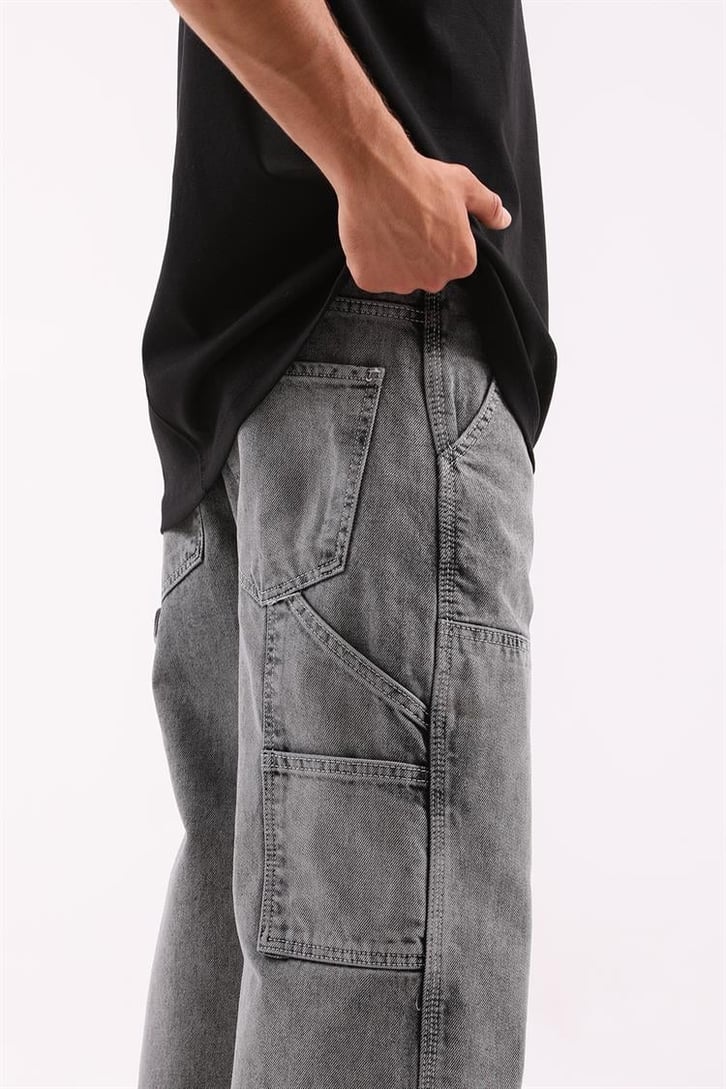 Kontrast Dikiş Detaylı Acid Wash Baggy Jean