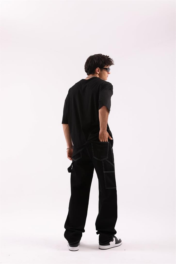 Kontrast Dikiş Detaylı Siyah Baggy Jean