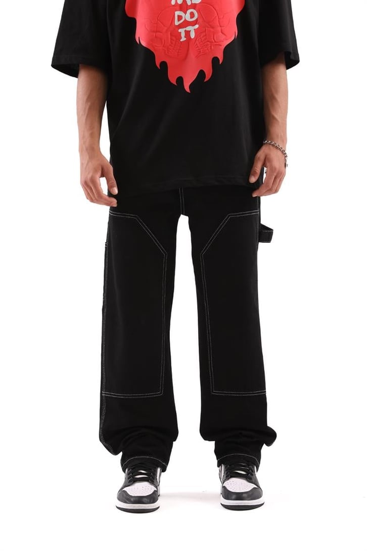 Kontrast Dikiş Detaylı Siyah Baggy Jean