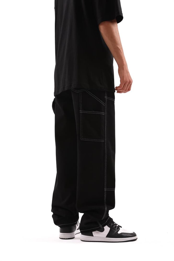 Kontrast Dikiş Detaylı Siyah Baggy Jean