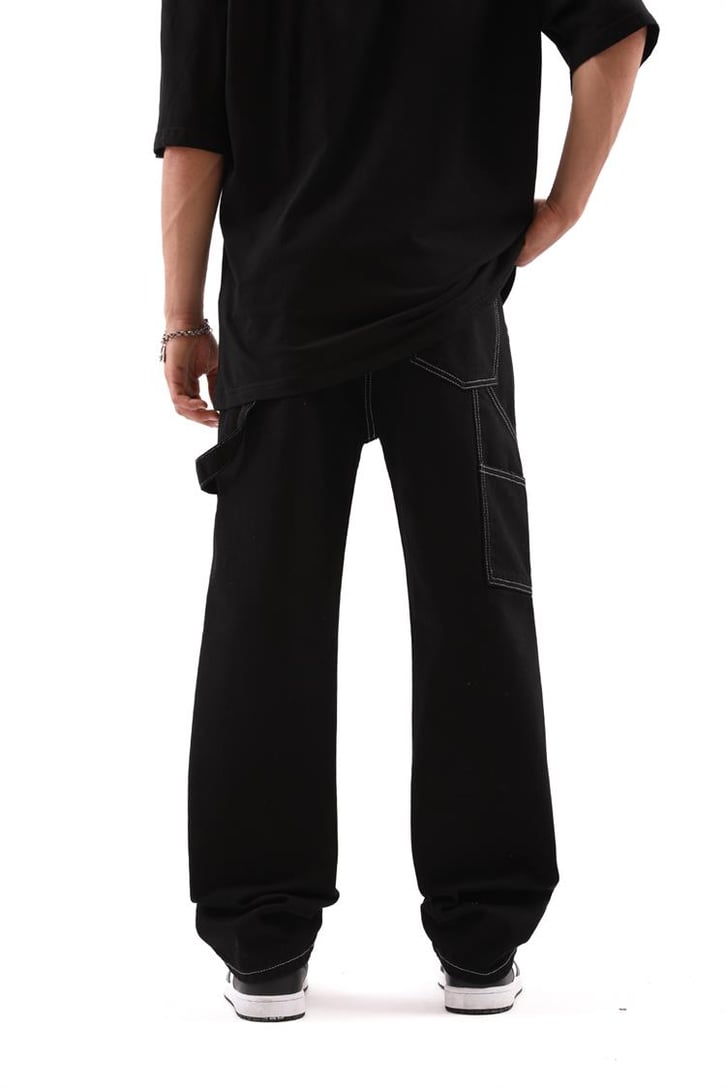 Kontrast Dikiş Detaylı Siyah Baggy Jean