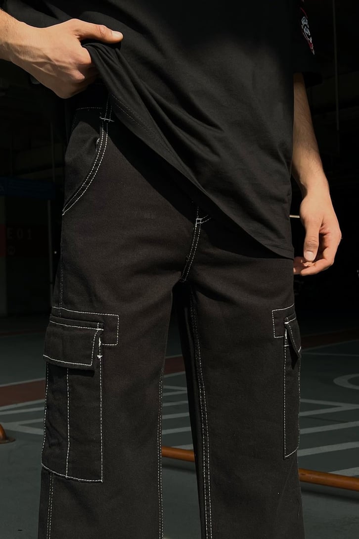 Kontrast Dikiş Kargo Cep Siyah Baggy Jean