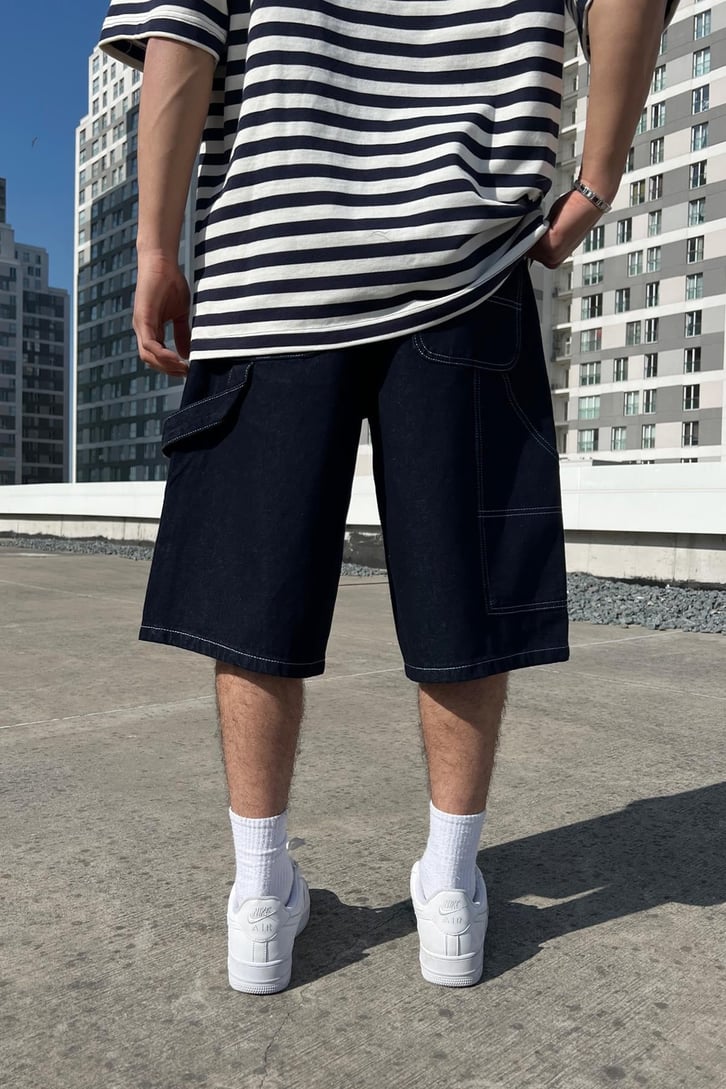 Kontrast Dikiş Koyu Mavi Baggy Şort