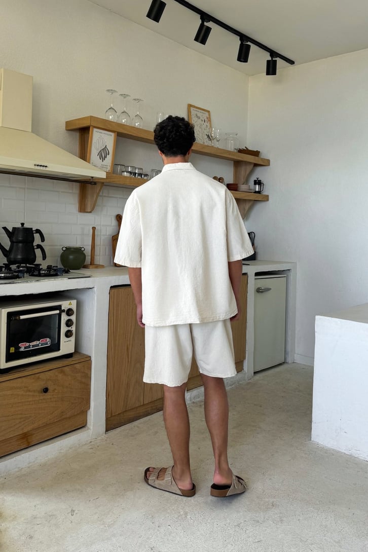 Krem Basic Oversize Kısa Kol Keten Gömlek Bej