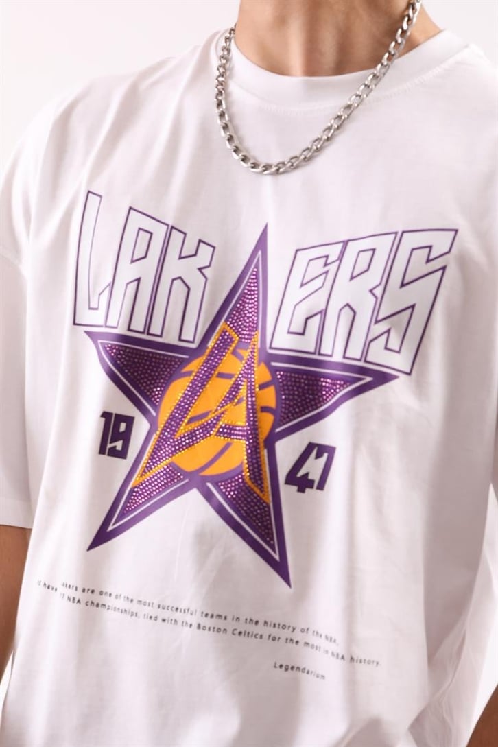 Lakers Beyaz Taş İşlemeli Baskılı Oversize Tişört