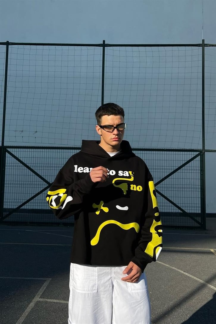 Learn to Say Printed Siyah Crop Hoodie