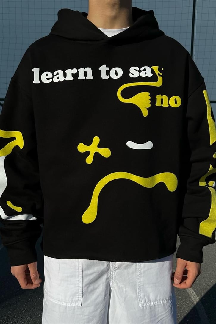 Learn to Say Printed Siyah Crop Hoodie