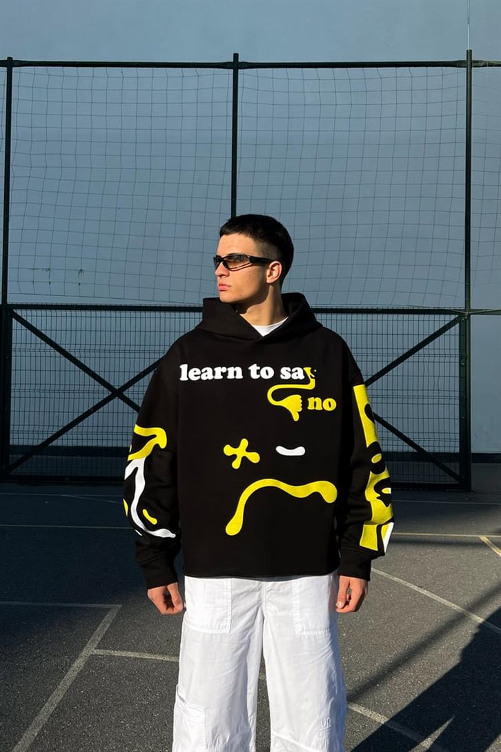 Learn to Say Printed Siyah Crop Hoodie