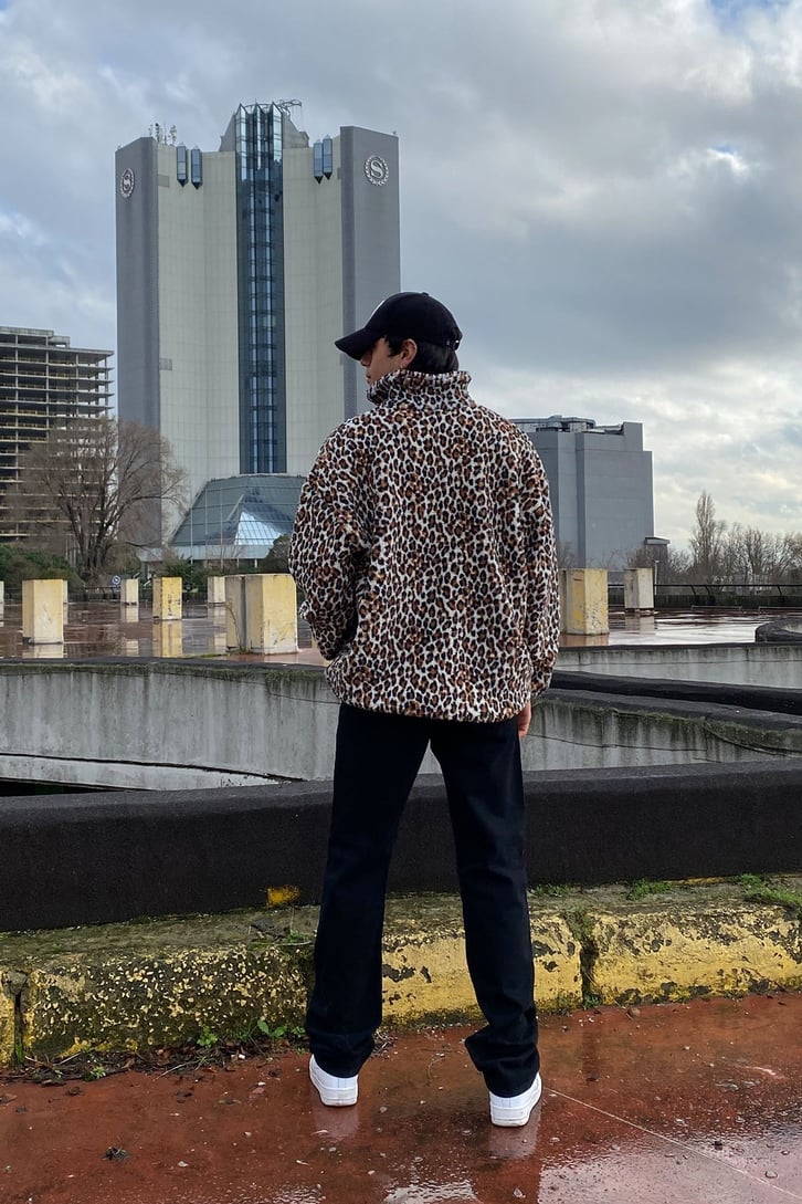 Leopar Desen  Suni Yün Semi Zip-Up Oversize Sweatshirt