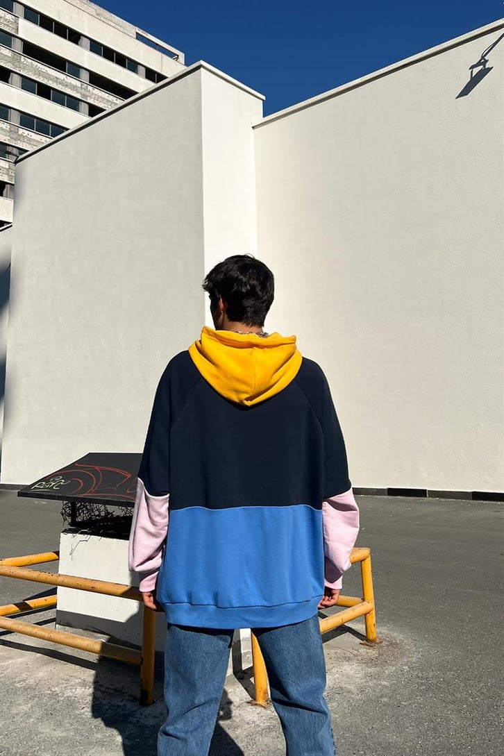 Let it Happen Baskılı Parçalı Lacivert İçi Pamuklu Oversize Hoodie