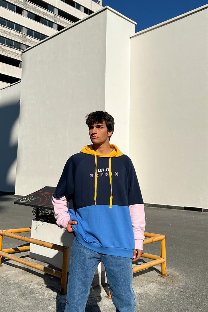 Let it Happen Baskılı Parçalı Lacivert İçi Pamuklu Oversize Hoodie