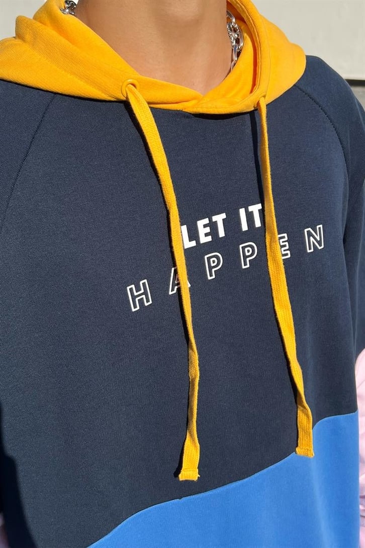 Let it Happen Baskılı Parçalı Lacivert İçi Pamuklu Oversize Hoodie