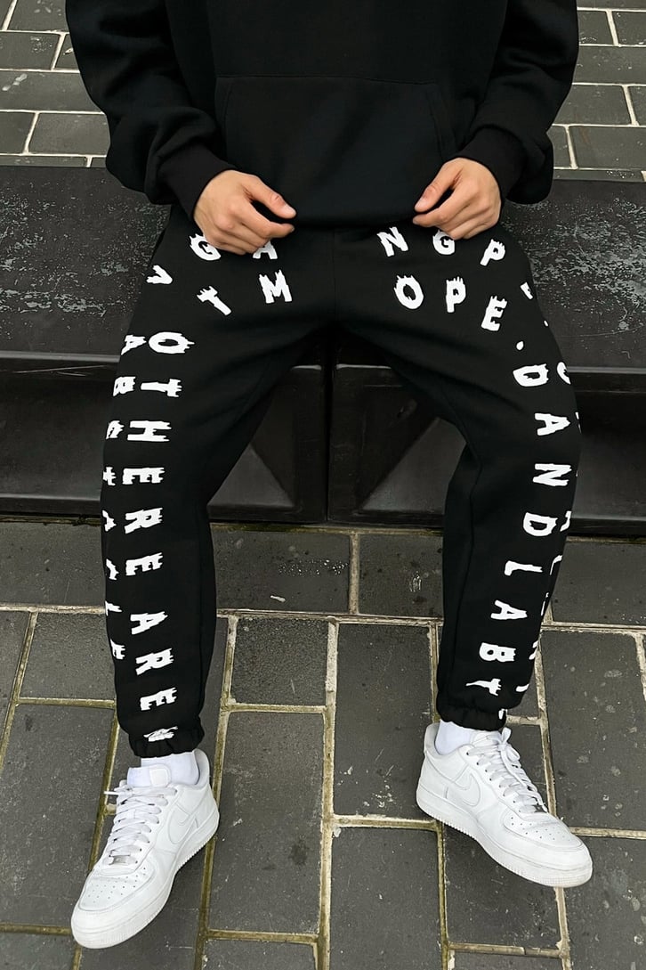 Letter Baskılı Siyah Jogger Fit Eşofman Altı
