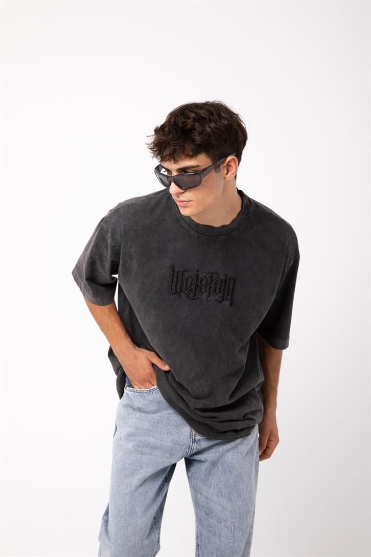 Life is Pain Nakışlı Acid Wash Oversize Tişört