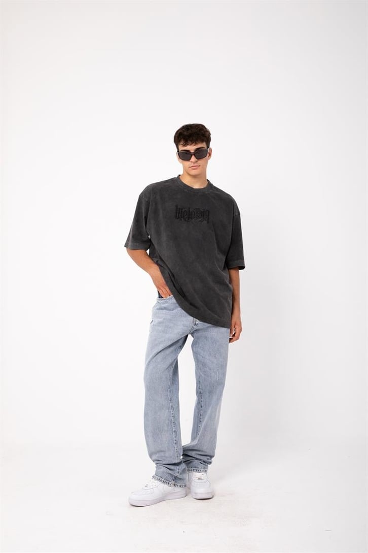 Life is Pain Nakışlı Acid Wash Oversize Tişört