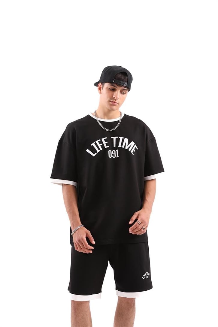 Life Time Baskılı Siyah Şortlu Takım