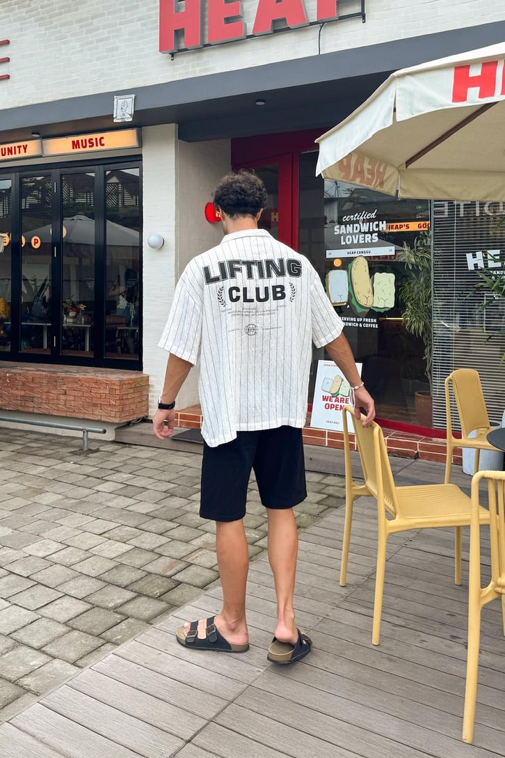 Lifting Club Baskılı Çizgili Kısa Kol Gömlek