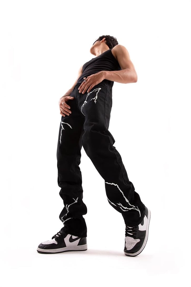 Lightning Baskılı Siyah Baggy Jean