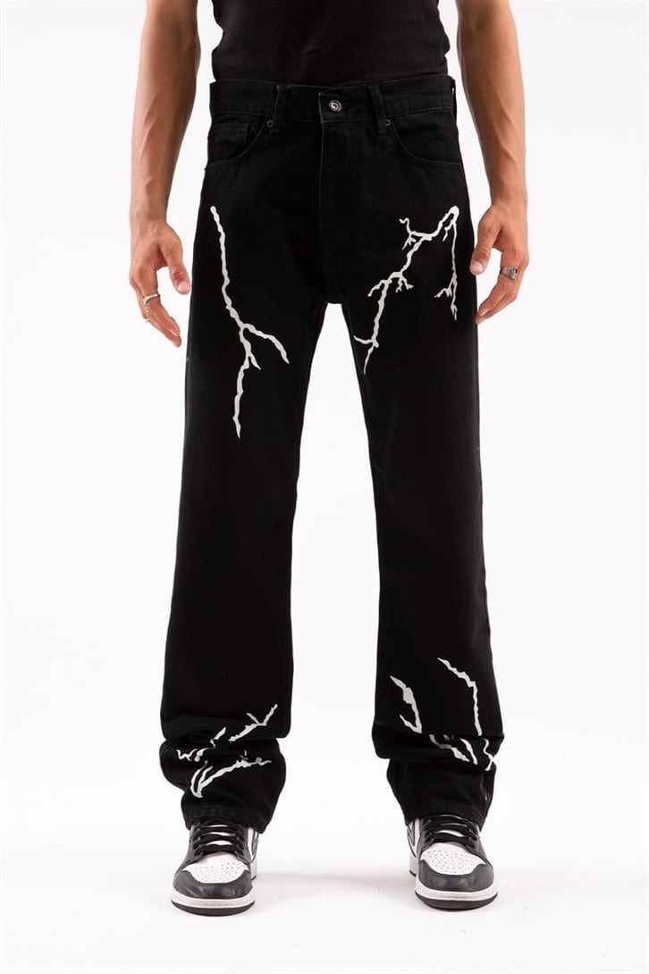 Lightning Baskılı Siyah Baggy Jean