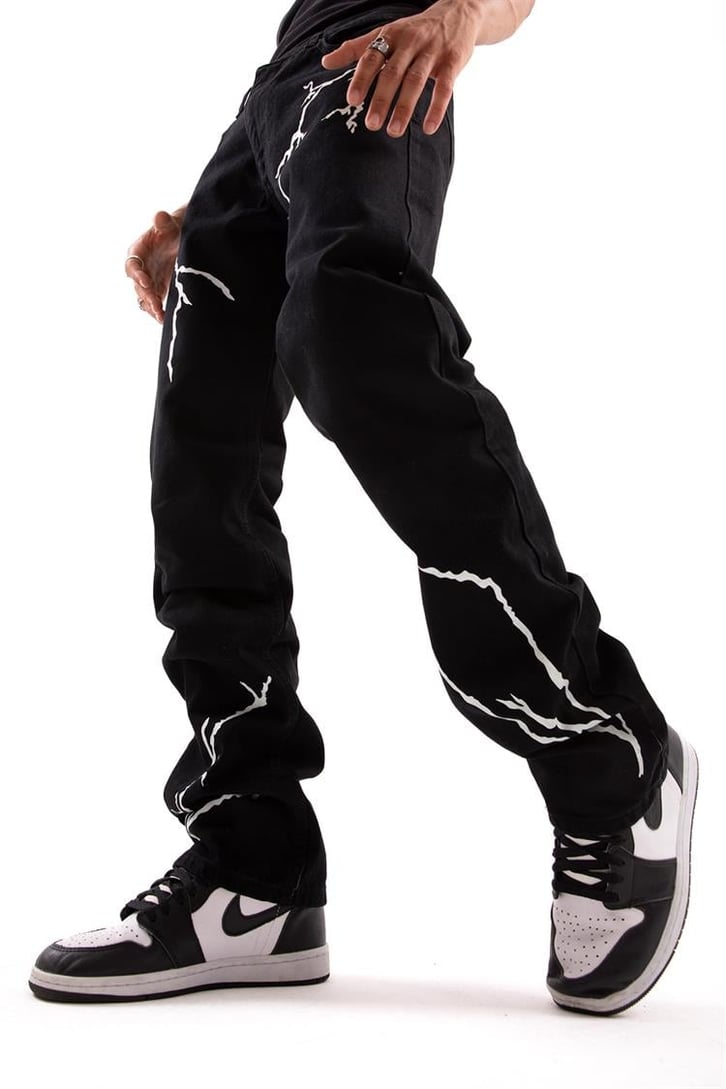 Lightning Baskılı Siyah Baggy Jean