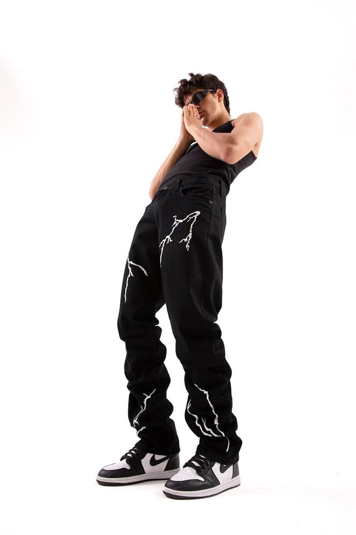 Lightning Baskılı Siyah Baggy Jean