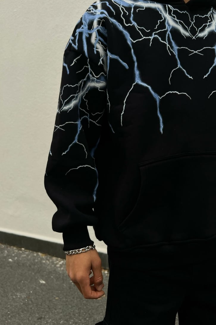 Lightning Baskılı Siyah Oversize Hoodie