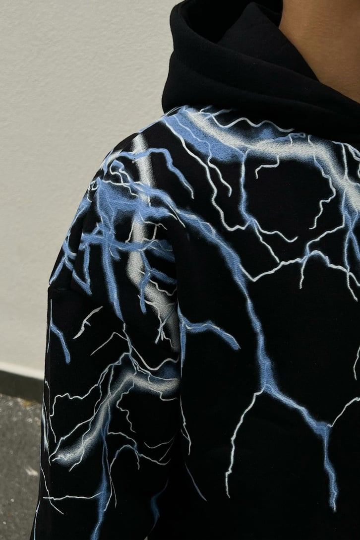 Lightning Baskılı Siyah Oversize Hoodie