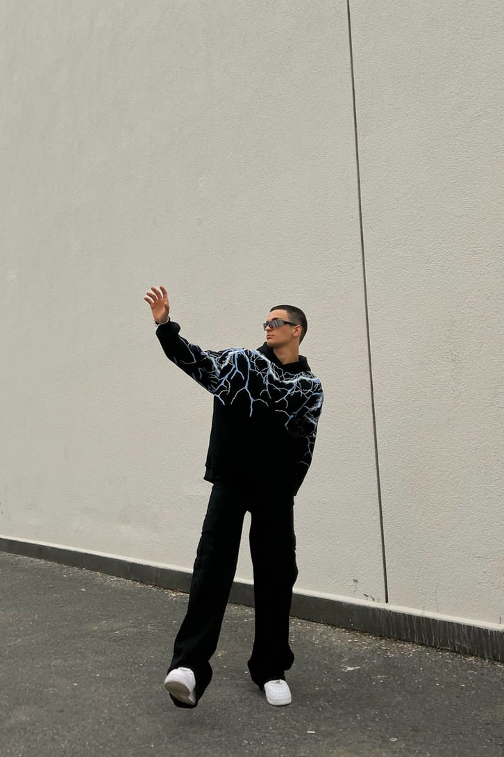 Lightning Baskılı Siyah Oversize Hoodie