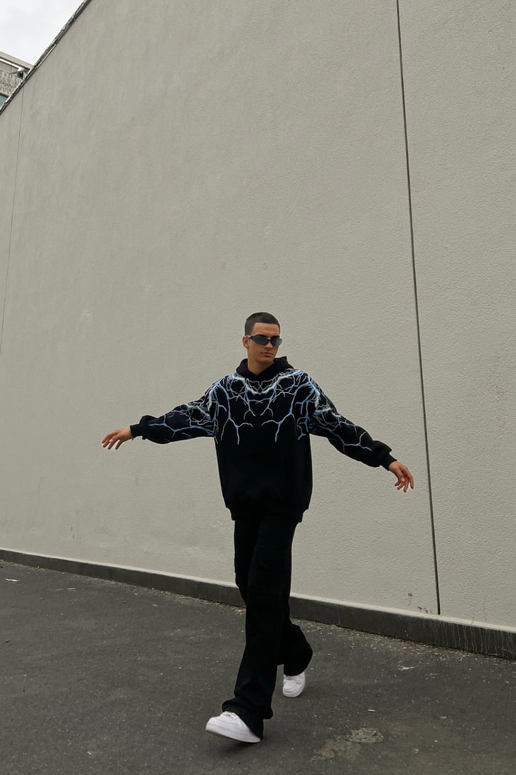 Lightning Baskılı Siyah Oversize Hoodie