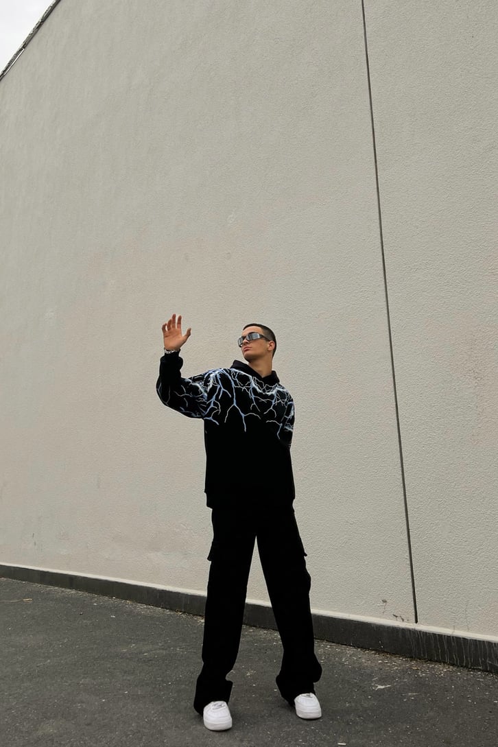 Lightning Baskılı Siyah Oversize Hoodie