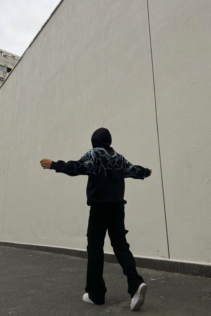 Lightning Baskılı Siyah Oversize Hoodie