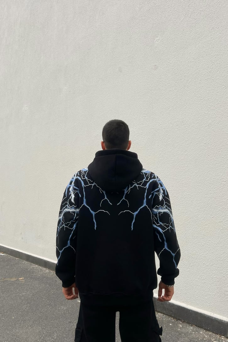 Lightning Baskılı Siyah Oversize Hoodie