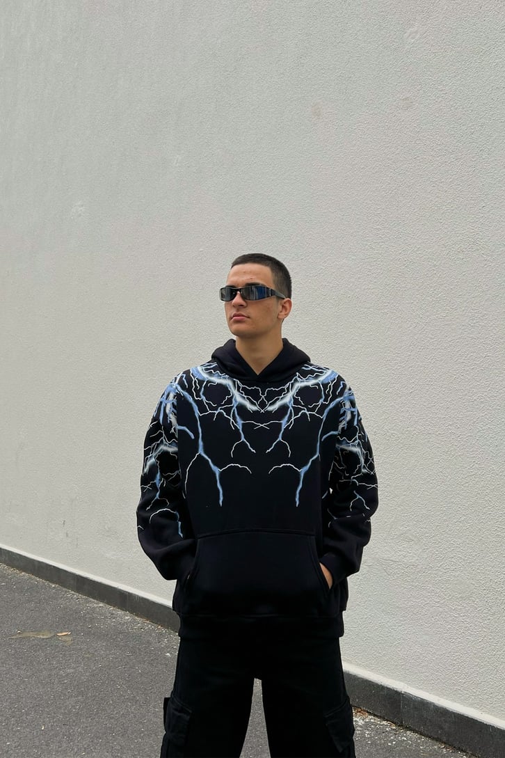 Lightning Baskılı Siyah Oversize Hoodie